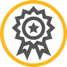 A black star within an award ribbon, surrounded by a gold circle.