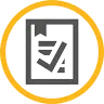 A gold circle featuring a prominent check mark in the center over a document.