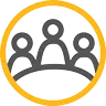 A gold circle containing three diverse individuals standing together.