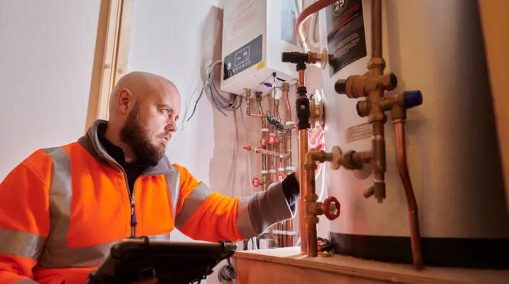 An engineer wearing protective equipment makes adjustments to a modern water heater while holding a tablet.