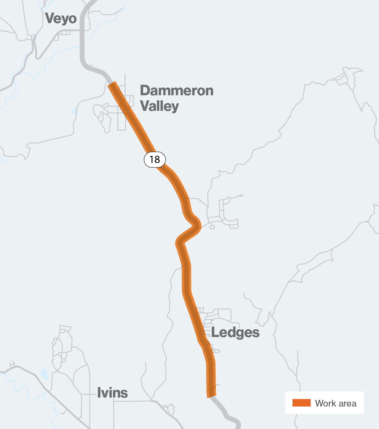 Gas Feeder Line 135 Map showing the proposed gas transmission main along highway 18 from Veyo to a compressor station in Central.