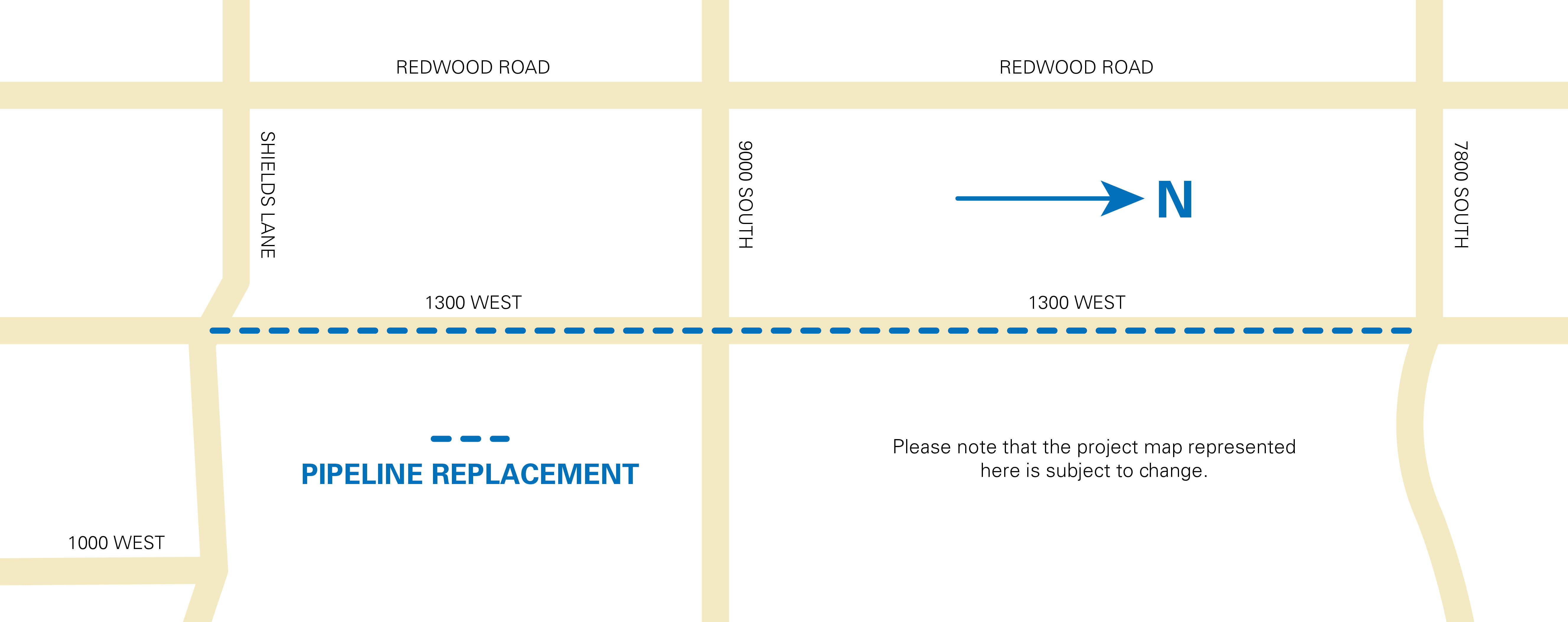 Project map showing the pipeline replacement along 1300 West headed north.