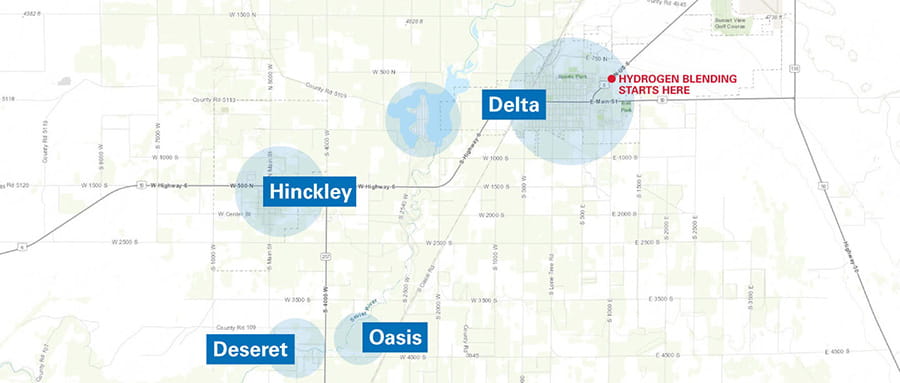 Map showing where hydrogen blending starts and Delta region.  Also on the map is Oasis, Deseret and Hinckley.