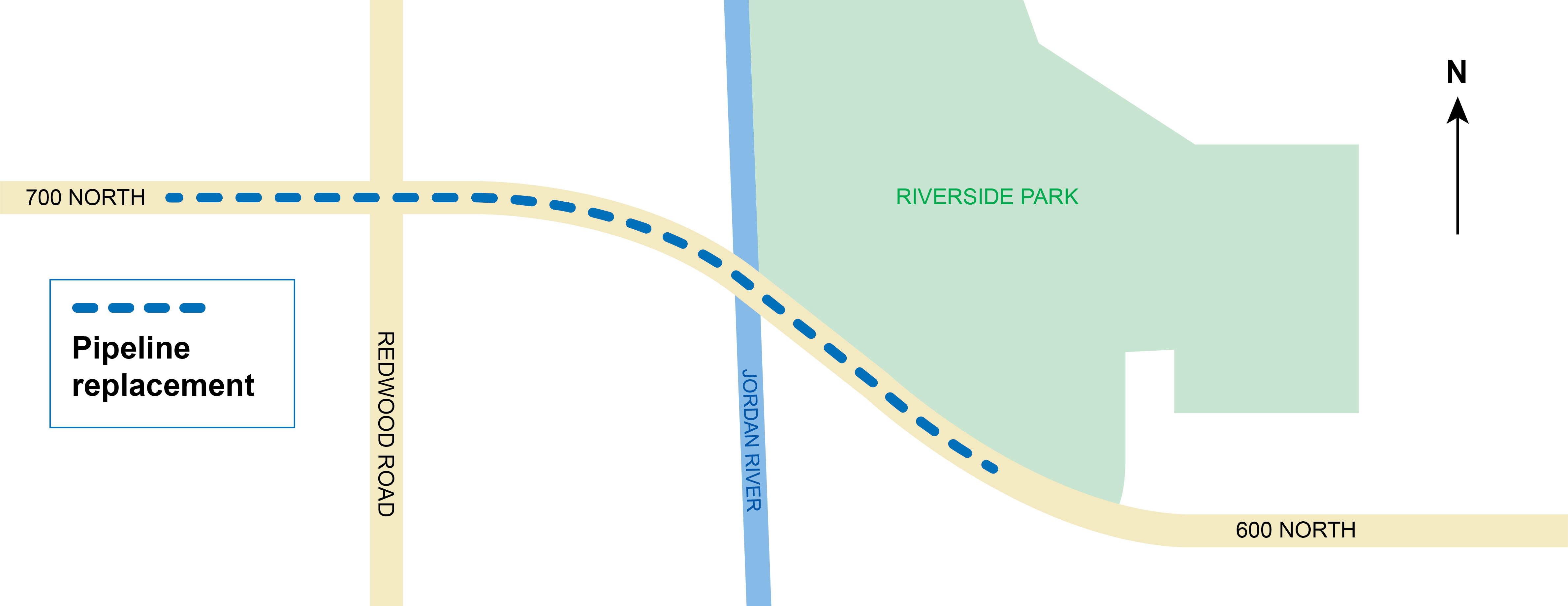 Salt Lake City map showing pipeline replacement line on the 700 North to 600 North road by Riverside Park and Jordan River.