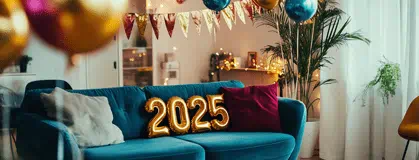 Cozy New Year's Eve party decor with 2025 balloons in living room