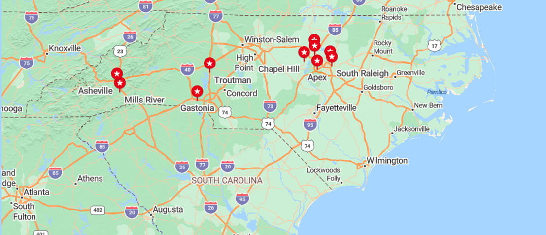 Map of Enbridge Gas North Carolina's Compressed Natural Gas (CNG) stations