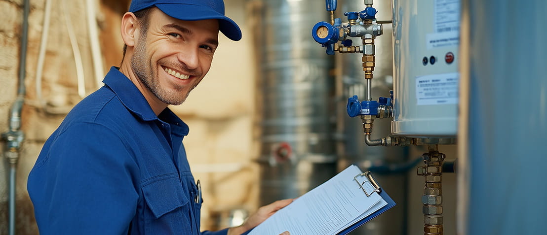 Smiling technician in uniform and cap servicing home water heater, holding clipboard and pen