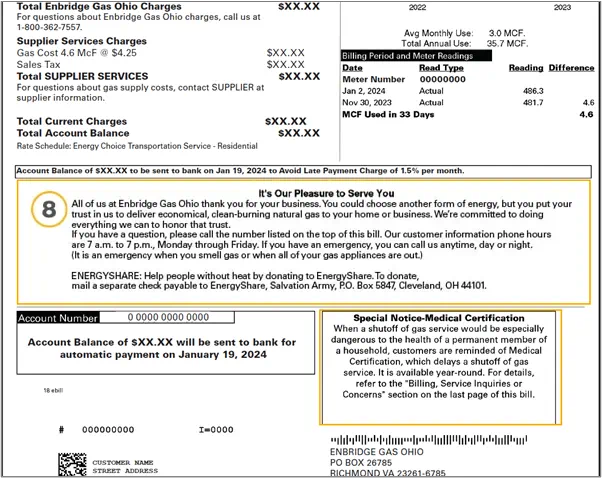 Customer information section on the Enbridge Gas Ohio bill