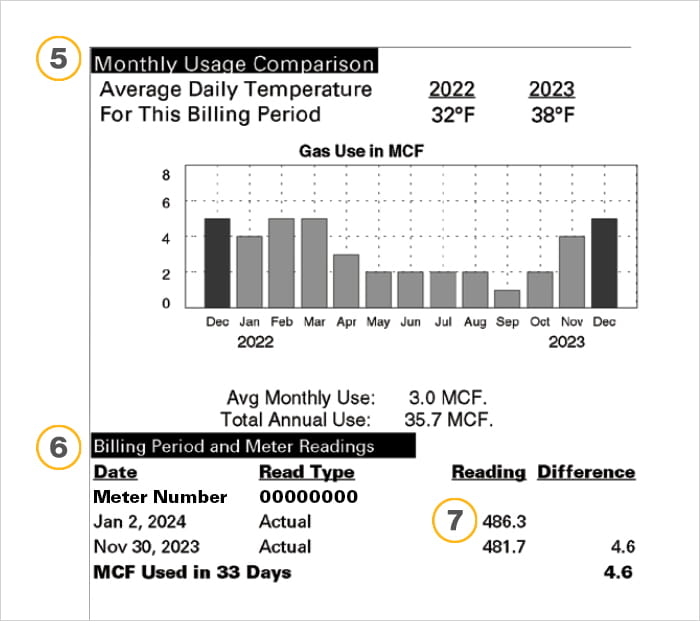 Monthly usage comparison and meter readings in Enbridge Gas Ohio bill