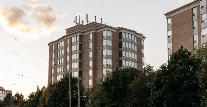 Exterior of two multi-storey residential buildings