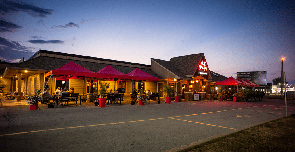 Exterior shot of large restaurant.