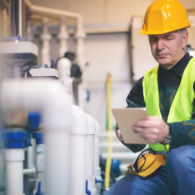 Man in hard hat kneeling in boiler room holding tablet