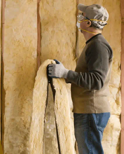 A contractor replaces tan coloured insulation, wearing goggles and a protective face mask.