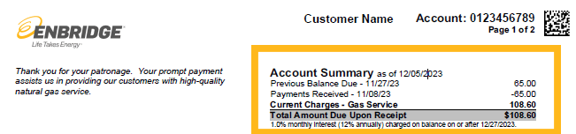 Enbridge Gas Bill - highlight on the account summary section