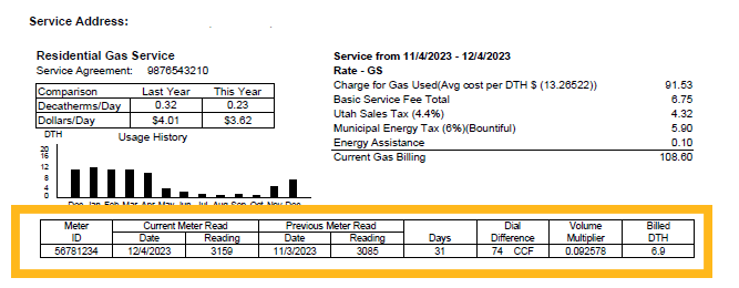 Enbridge Gas bill - highlight on the current meter and usage section