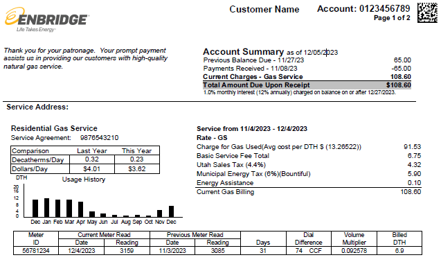 Enbridge Gas bill screenshot