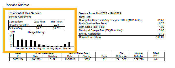 Enbridge Gas Bill - highlight on the usage history section