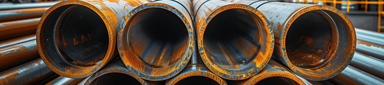 Stack of rusty steel pipes inside an industrial facility